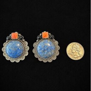 Joan Slifka Sterling Silver Lapis Lapis‎ Onyx Spiny Oyster Clip On Earrings